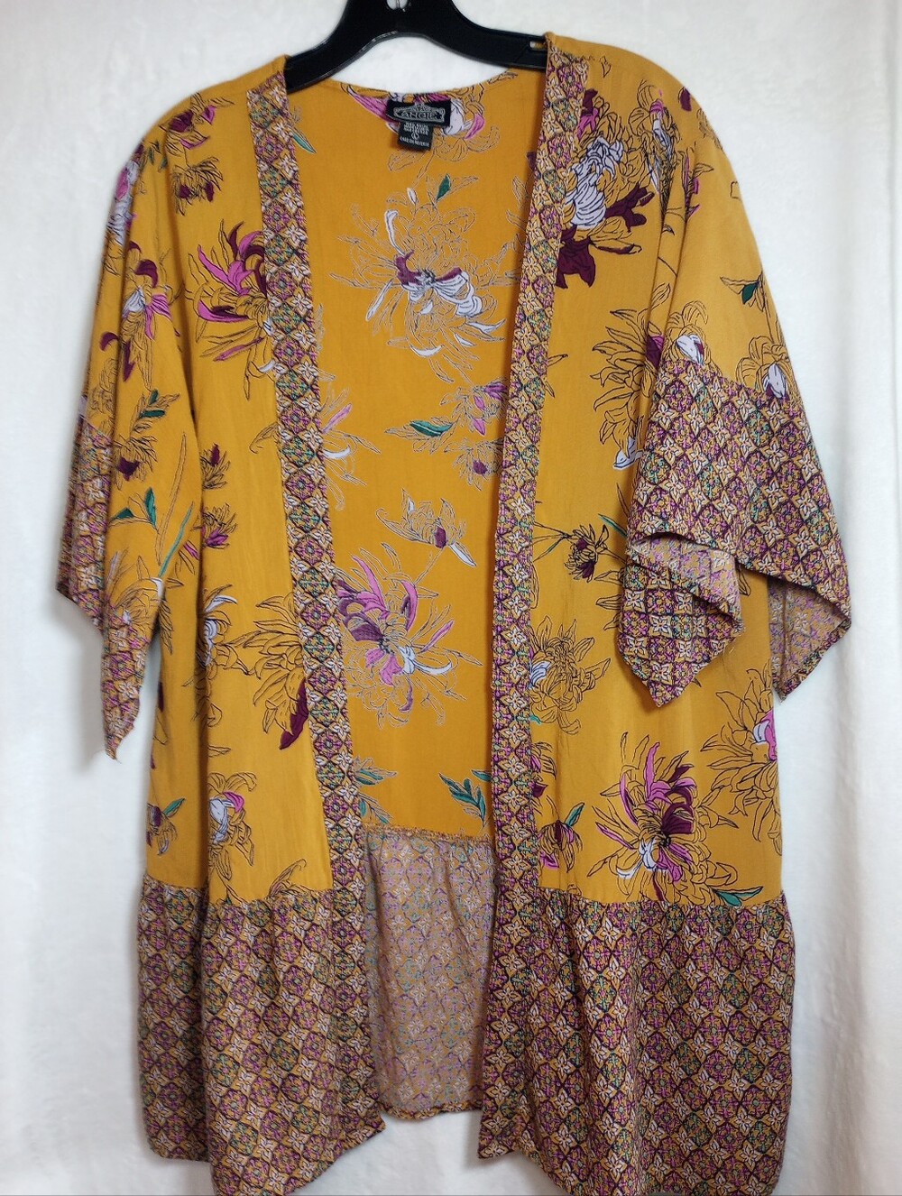 Boho Chic Mustard Yellow Floral Open Front Kimono Lagenlook Cottagecore Cardigan